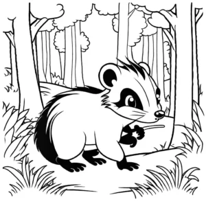 Cute skunk with bushy tail walking through the forest coloring page