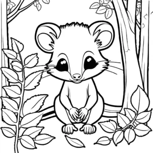 Cute opossum coloring page in a forest scene coloring page
