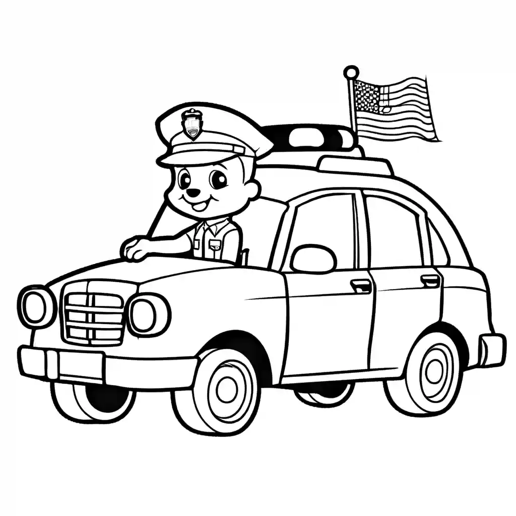 Police car coloring page with a waving officer and a police dog coloring page