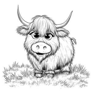 Illustration of a friendly Yak with big eyes and shaggy fur in a field of grass, ideal for coloring. coloring page