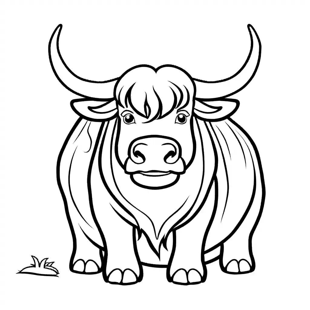 Yak coloring page with the Yak in a sitting position and a friendly expression. coloring page