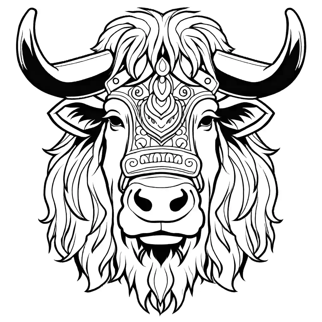 Line drawing of a Yak's head with detailed fur, front view. coloring page