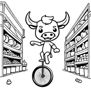 Bull skillfully riding a unicycle and juggling fruits in a fruit market coloring page