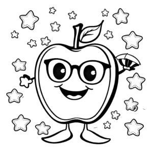 Coloring page of a funny apple wearing glasses , with stars and hearts around it. coloring page