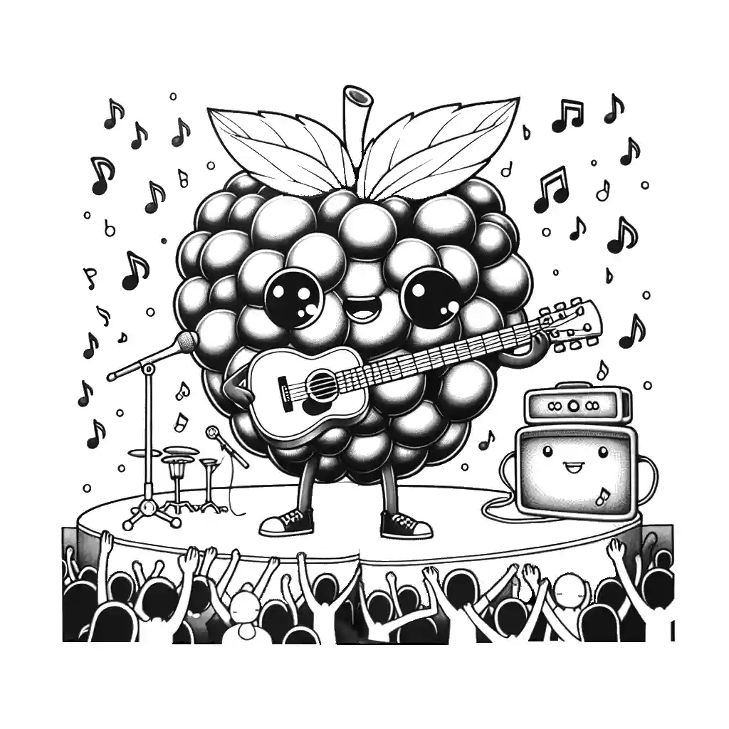 Funny Blackberry playing guitar surrounded by music notes and cheering audience coloring page