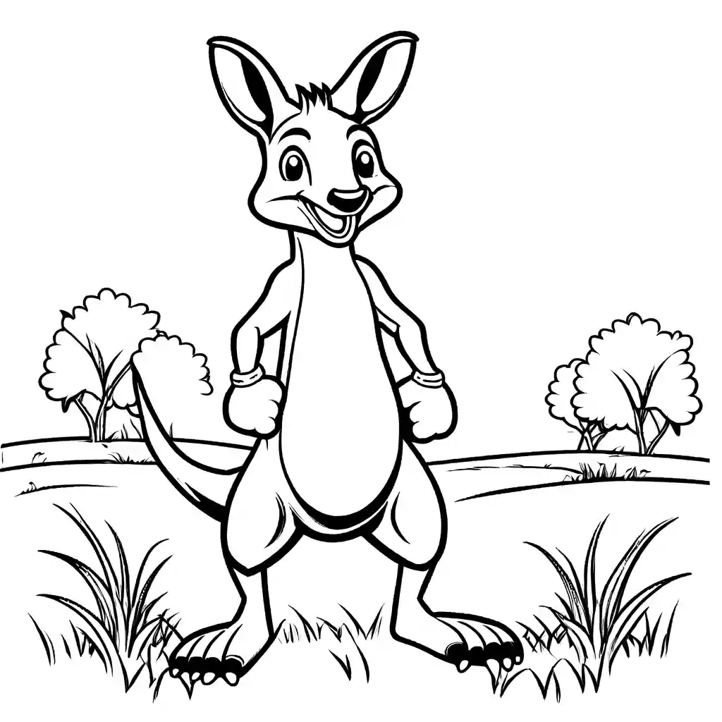 Smiling Kangaroo with boxing gloves on grassy field coloring page