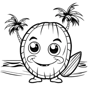 Funny cartoon coconut wearing Hawaiian shirt and holding surfboard coloring page
