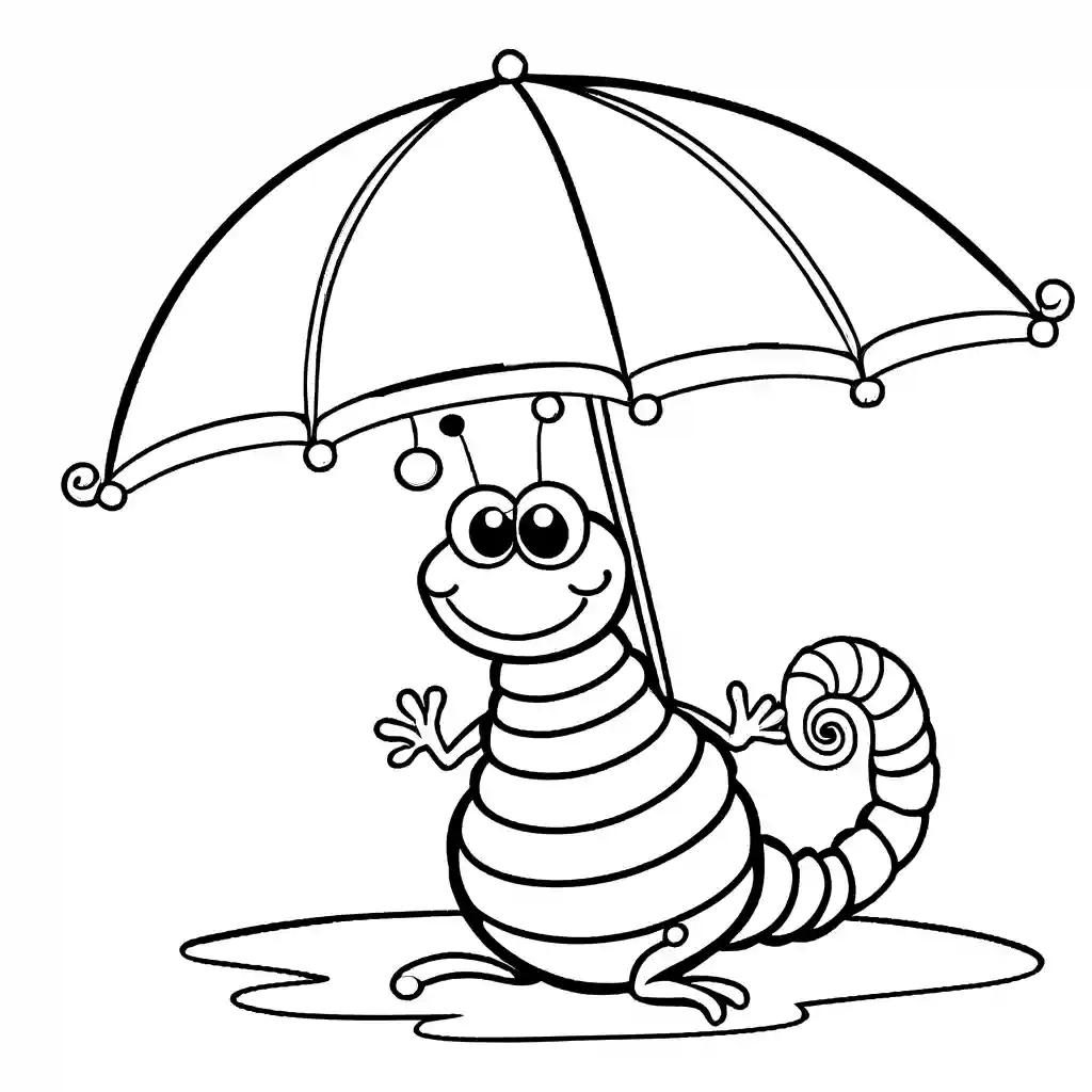 Funny caterpillar wearing a top hat and bowtie, holding a tiny umbrella coloring page