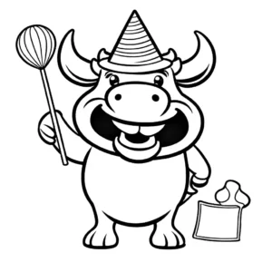 Bull wearing clown nose and party hat, holding a whoopee cushion coloring page