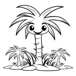 Funny cartoon coconut tree with smiling face and wacky branches coloring page