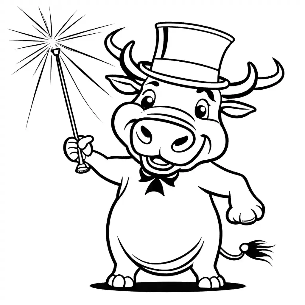 Bull doing magic trick with top hat and wand, wowing audience coloring page