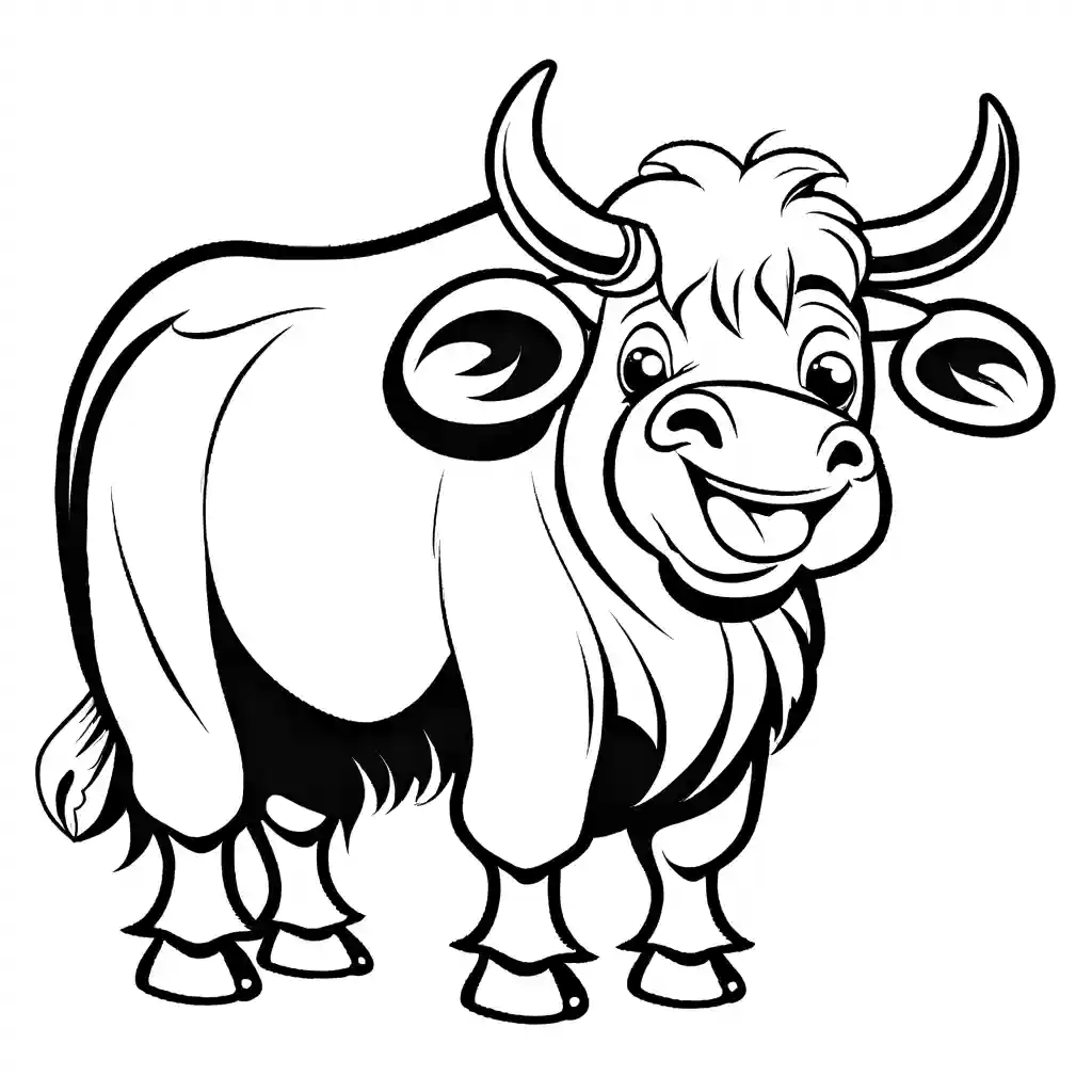 Funny Yak coloring page with a big smile and tongue out, perfect for kids. coloring page