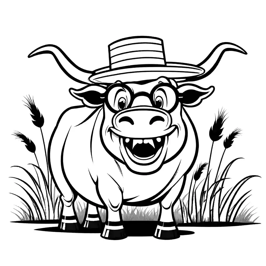 Funny water buffalo with a big smile, tongue out, wearing a clown hat and big round glasses, standing in a grassy field. coloring page