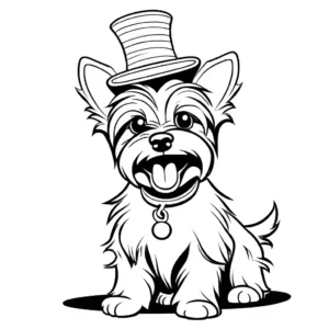 Funny Yorkie wearing clown hat dancing coloring page