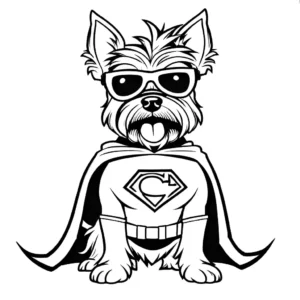 Funny Yorkie dressed as superhero with cape and mask coloring page