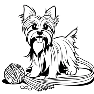 Funny Yorkie playing with yarn and chasing tail coloring page
