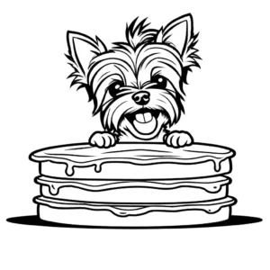 Funny Yorkie balancing stack of pancakes on its nose coloring page