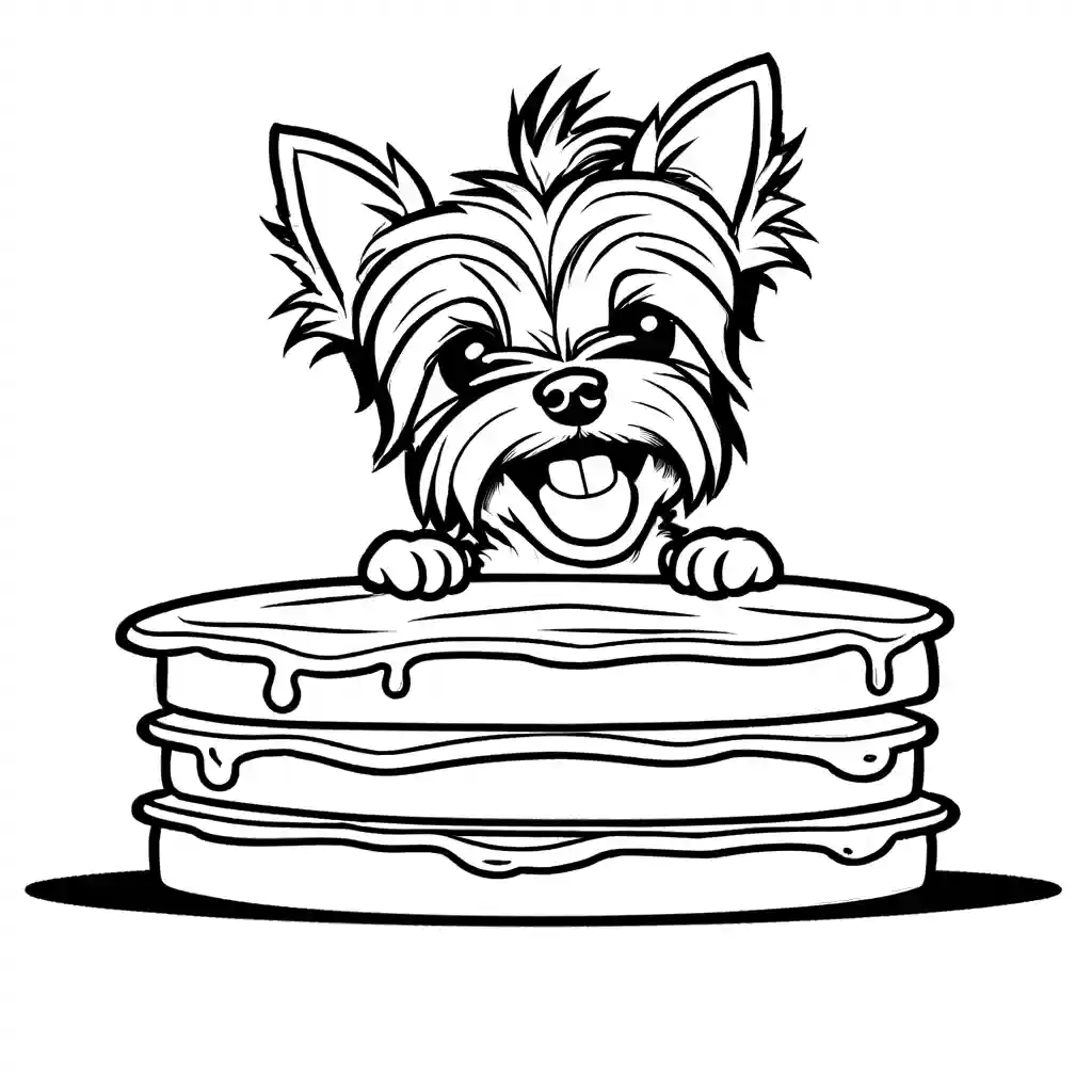 Funny Yorkie balancing stack of pancakes on its nose coloring page