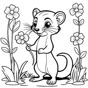 Adorable weasel holding a flower in a garden coloring page