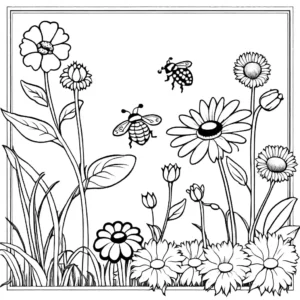 Scenic garden setting with red and black ladybugs, colorful flowers, and lush green foliage coloring page
