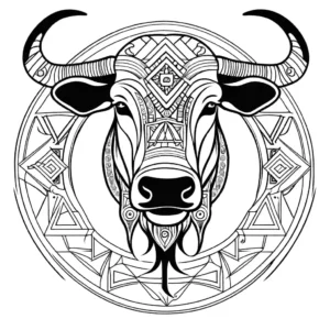 Abstract Water Buffalo illustration featuring geometric patterns, designed for coloring. coloring page