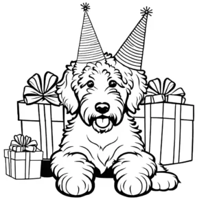 Goldendoodle wearing a birthday party hat surrounded by presents and gifts coloring page