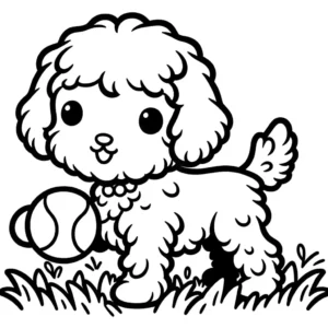 Adorable Goldendoodle dog with tennis ball in its mouth, standing on grass coloring page