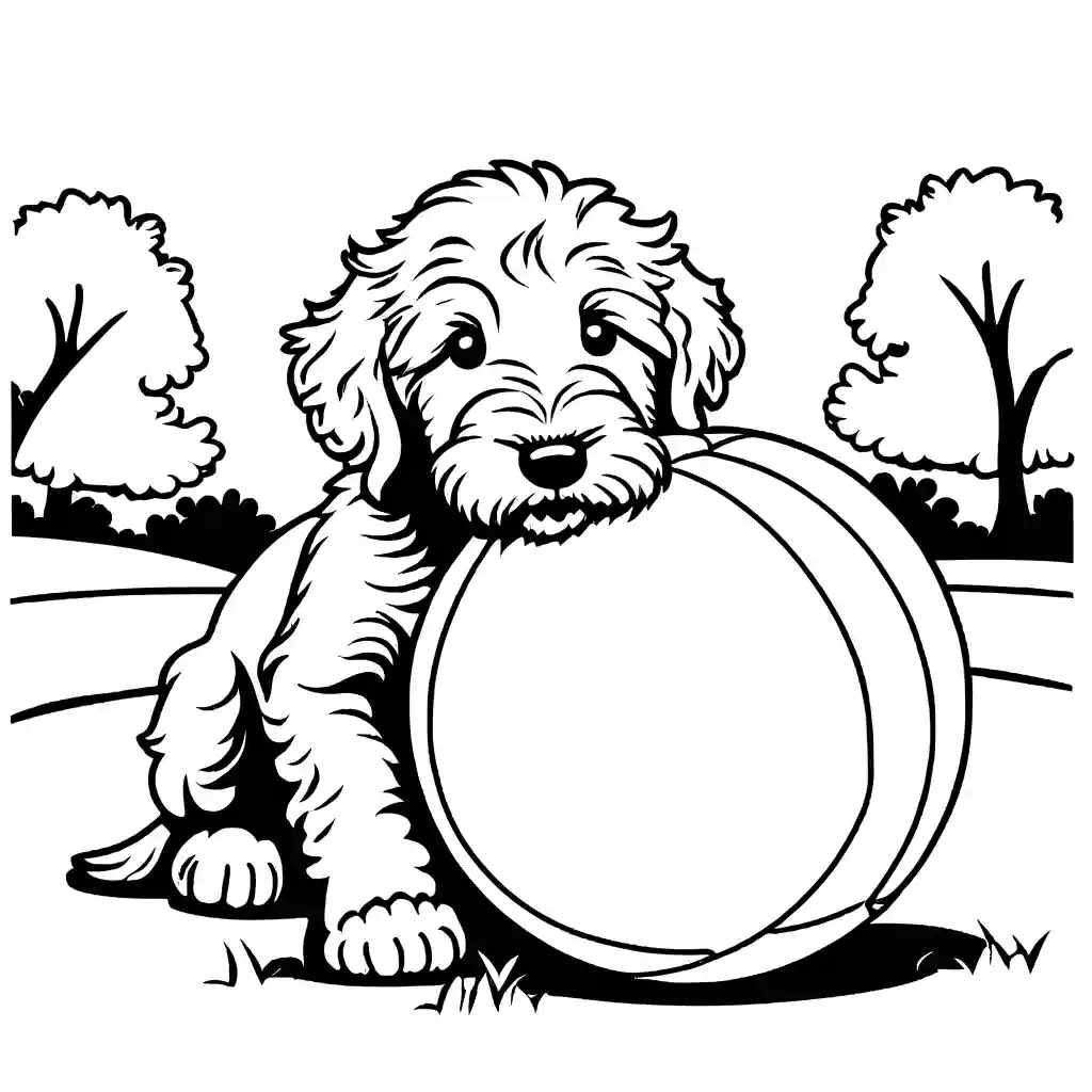 Adorable Goldendoodle puppy playing with a ball in the park coloring page