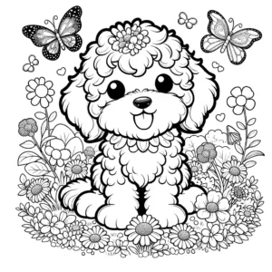 Adorable Goldendoodle puppy surrounded by flowers and butterflies in a garden coloring page