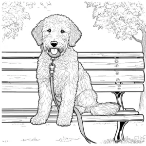 Cute Goldendoodle dog sitting on a park bench, holding a leash in its mouth, perfect coloring page
