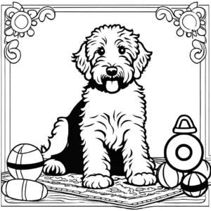 Goldendoodle sitting on a vibrant and playful rug surrounded by toys coloring page