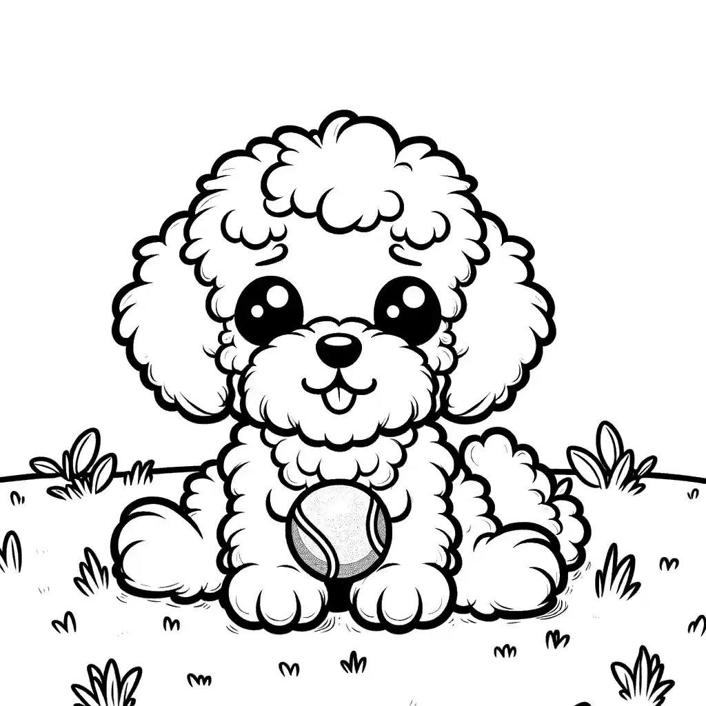 Adorable Goldendoodle dog with tennis ball in mouth sitting in field coloring page