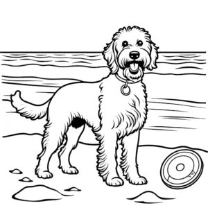 Goldendoodle with a frisbee enjoying the beach scenery coloring page