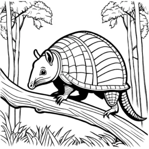Armadillo gracefully walking on a tree branch in a lush forest coloring page