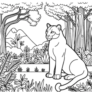 Puma sitting in jungle scenery coloring page