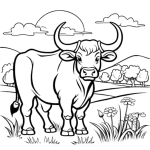 Bull with large horns grazing in a meadow coloring page