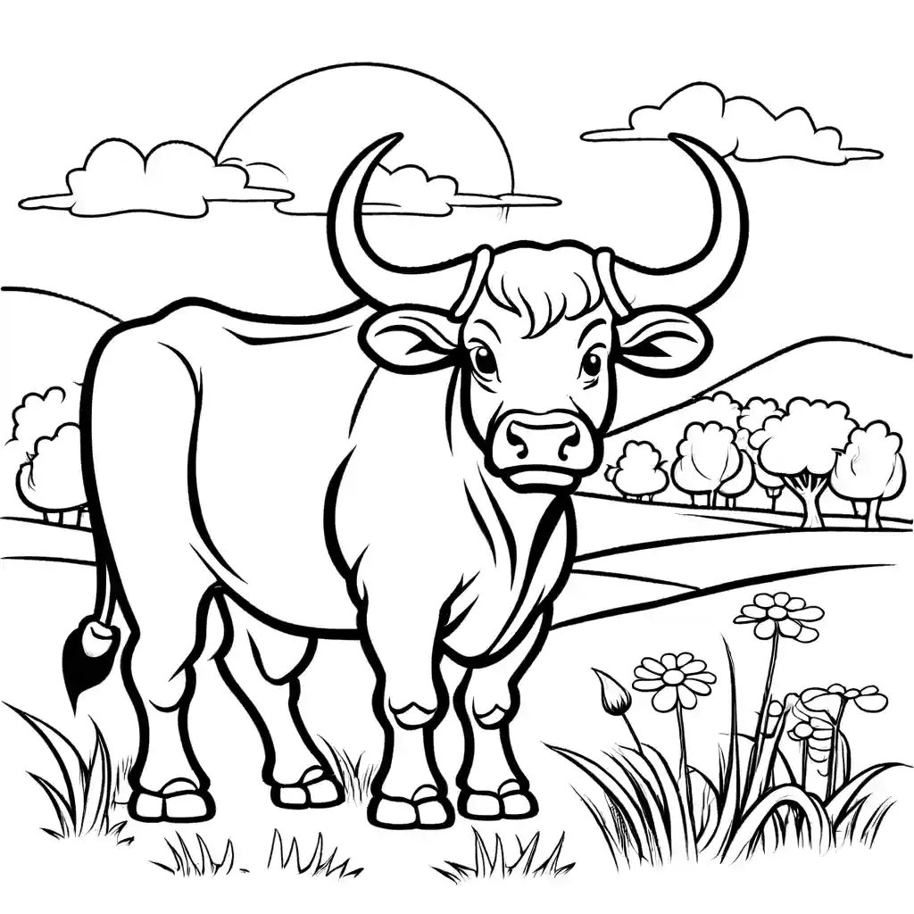 Bull with large horns grazing in a meadow coloring page