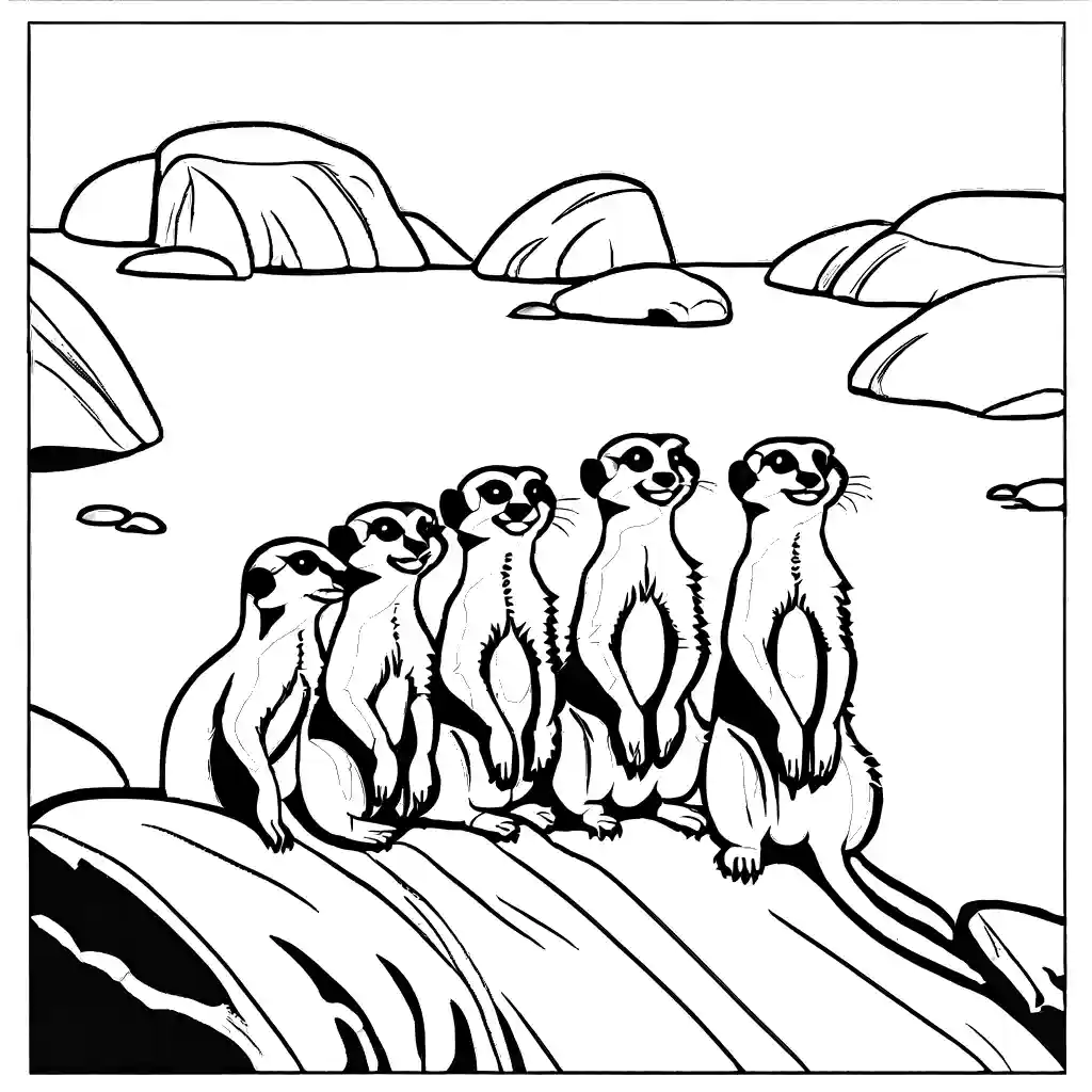 Group of Meerkats standing on rock coloring page with blue sky coloring page
