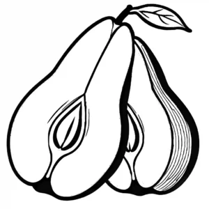 Pear cut in half, showing seeds and core, ready to be colored coloring page