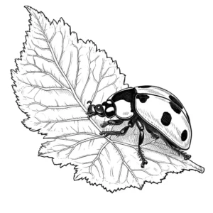 Ladybug sitting on a green leaf drawing coloring page