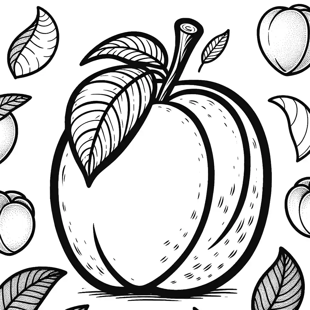 Juicy peach with a stem and a leaf coloring page