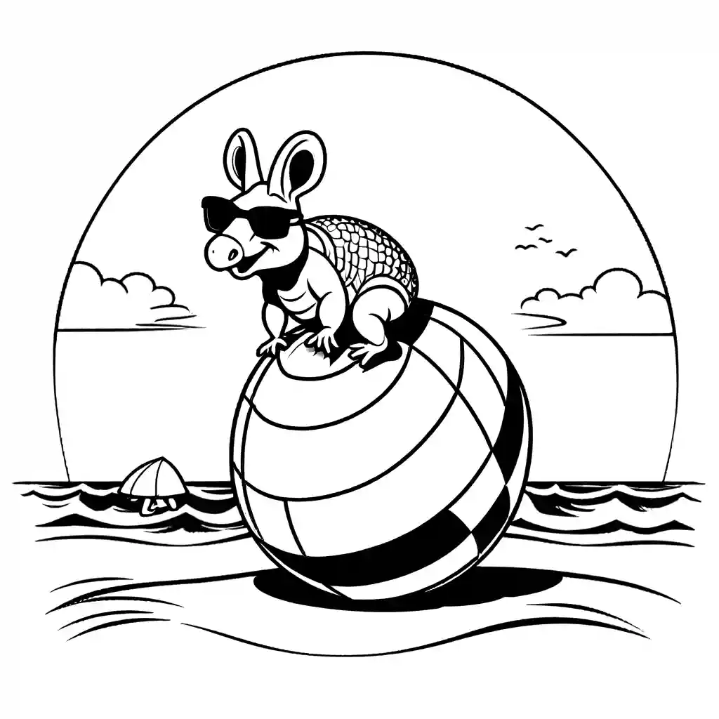 Funny armadillo doing handstand on beach ball with sunglasses and big smile coloring page