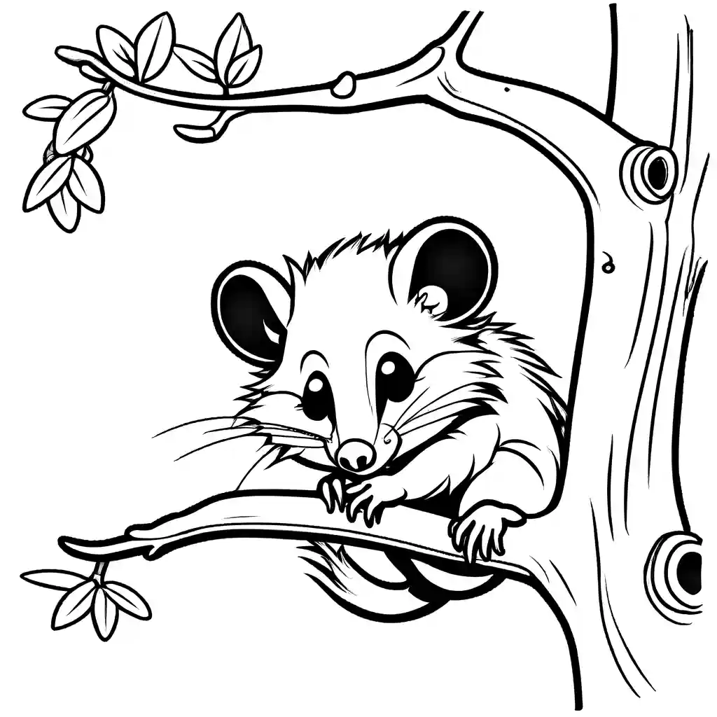 Playful opossum coloring page hanging from a tree coloring page