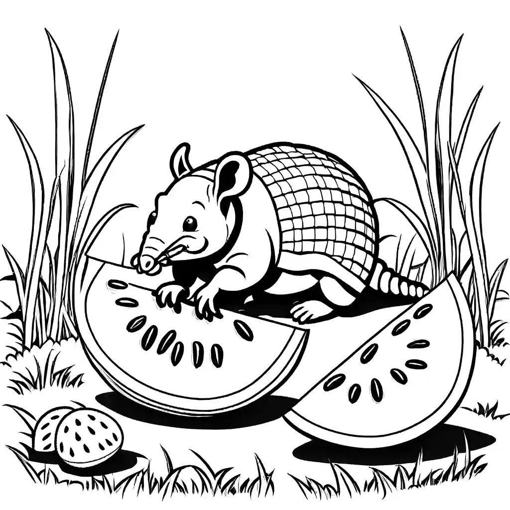 Happy armadillo enjoying a slice of watermelon in a sunny meadow coloring page