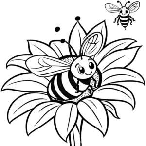 Cheerful bee flying towards a sunflower in coloring page