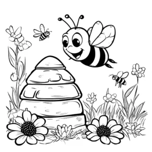 Bee buzzing around beehive in nature coloring page