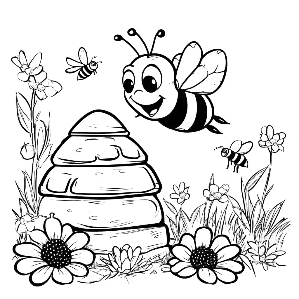 Bee buzzing around beehive in nature coloring page