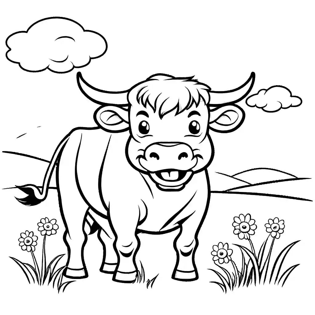 Bull with a happy expression in a sunny field coloring page