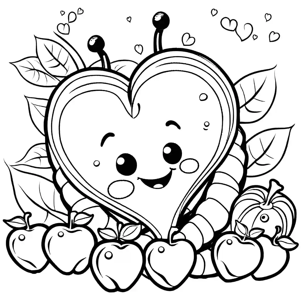 Happy caterpillar with a heart-shaped pattern on its back surrounded by juicy fruits coloring page