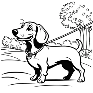Dachshund dog on a leash enjoying a walk in the park coloring page